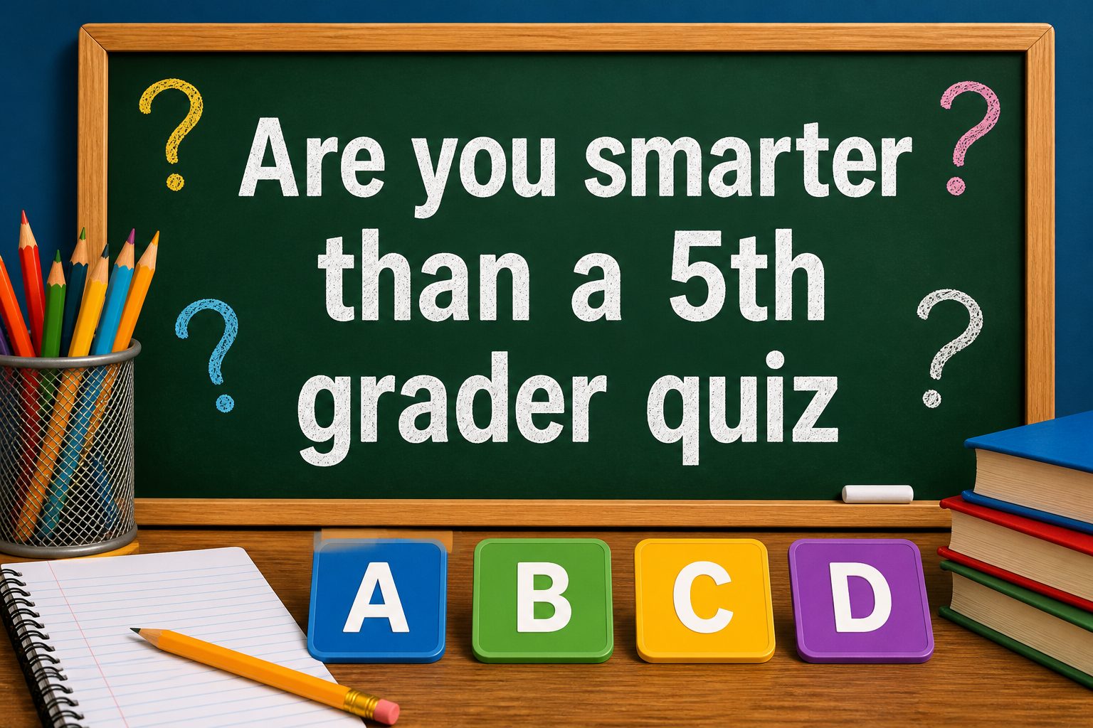 A student quiz sheet with pencils and a chalkboard for a fifth-grade trivia challenge